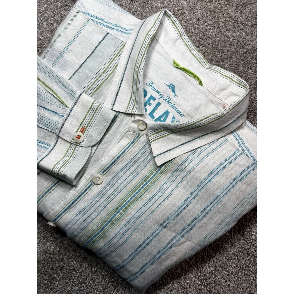 Tommy Bahama Relax Shirt Mens XL Green Blue Striped 100% Linen Long Sleeve